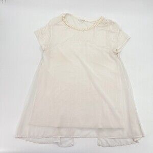 Ava James Shirt Womens Small Beige Blouse Short Sleeve Lined Sheer